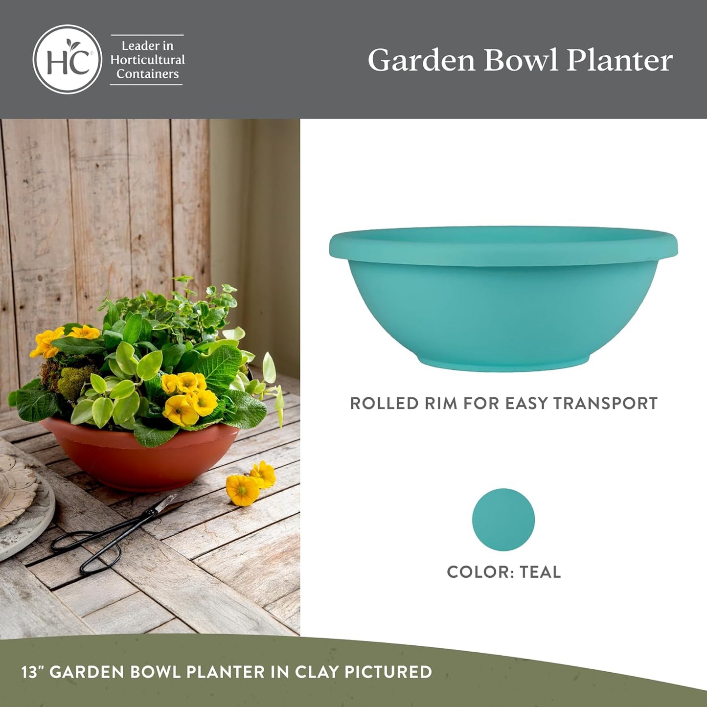 The HC Companies Shallow Planter with Drainage - Contemporary Garden Bowl Planter for Flowers, Herbs & More - Round Succulent Planter Pot for Indoors and Outdoors (24" Teal, Pack of 2)