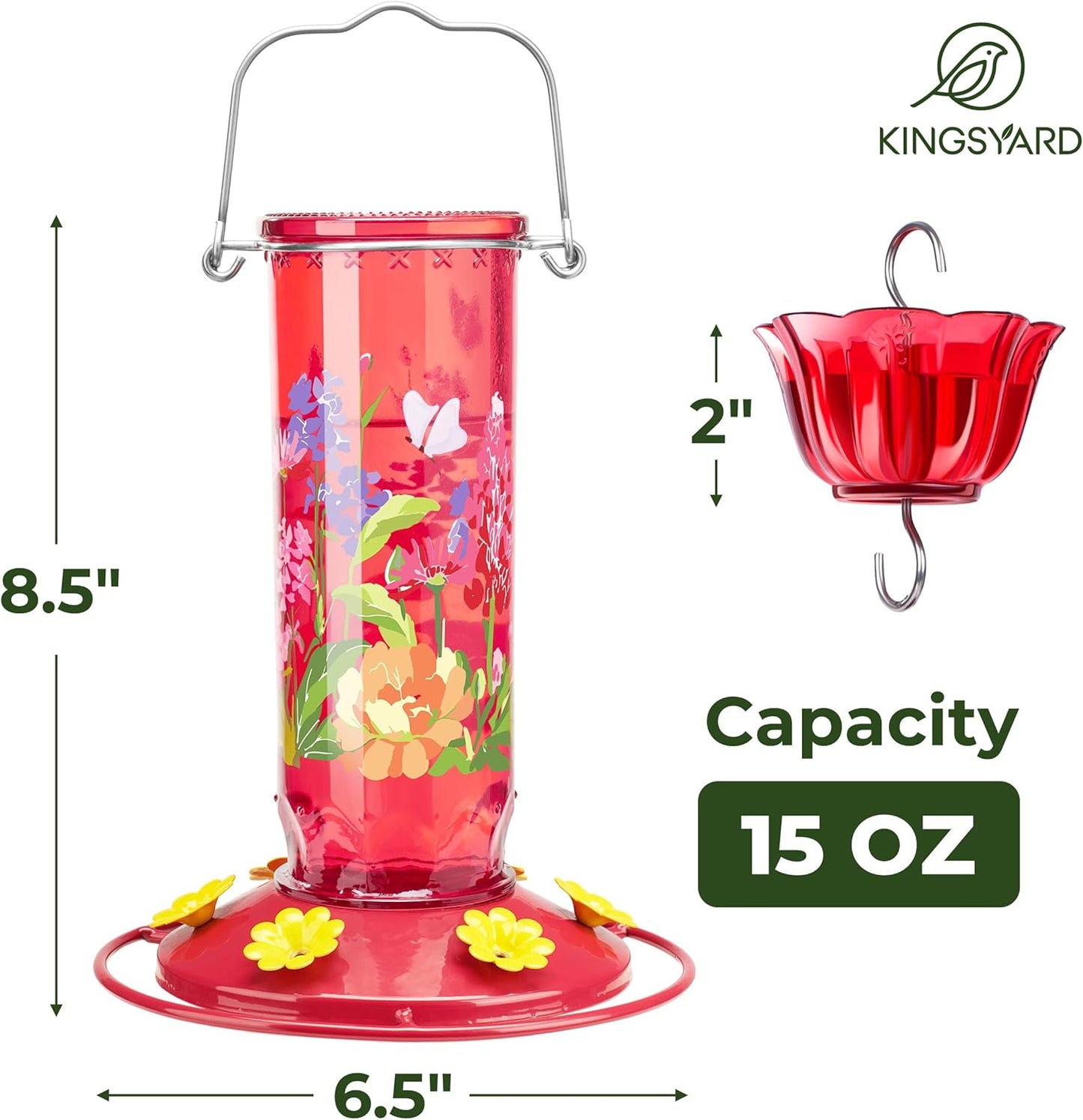 Kingsyard Hummingbird Feeder for Outdoor Hanging - Charming Patterned Glass Humming Bird Feeder with 6 Feeding Ports and Ant Moat, Ideal Gift Choice for Bird Lovers, Red