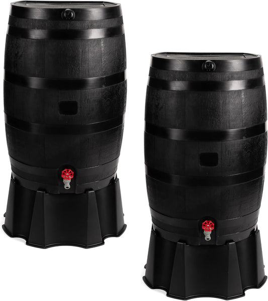 50-Gallon ECO Rain Barrel Made with 100% Recycled Plastic, Flat Back Rain Water Collection Barrel, Stand and Link Kit Included, Black (2 Pack)