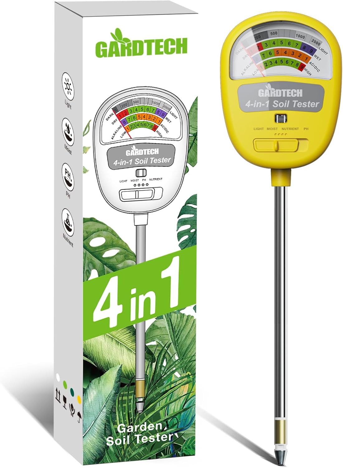 Gardtech Soil Moisture Meter - 4-in-1 Soil Test Kit Without Battery, Soil Moisture/Light/Nutrients/pH Meter for Plant, Garden, Lawn, Indoor & Outdoor (Yellow)