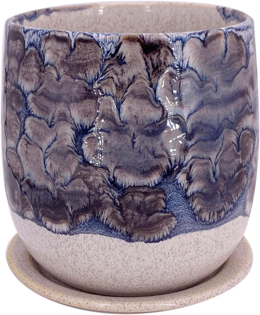 6 in Ceramic Plant Pot with Saucer，Indoor Plant Pot for Plants, Flower Pot with Drainage，Reactive Glaze Grey