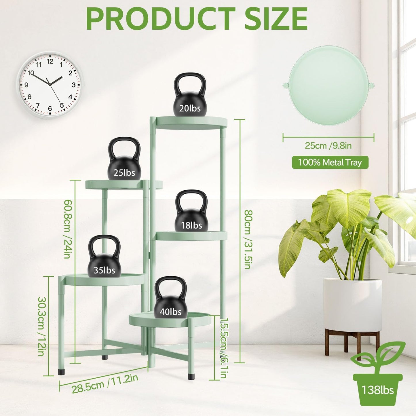 iDavosic.ly 5 Tier Large Plant Stand Indoor, 10 Inch Wide Corner Tall Metal Plant Stands Outdoor for Multiple Plants, Folding Tiered Flower Display Holder Rack Shelf, Light Green