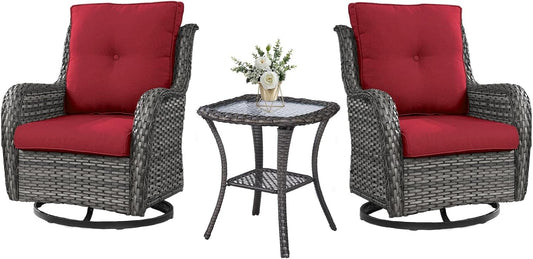 Outdoor Swivel Rocker Wicker Chairs Set of 3, High Back Swivel Patio Chairs Wicker Furniture Set, 2 PCS Rattan Swivel Rocking Chair with Side Table, Red Cushion