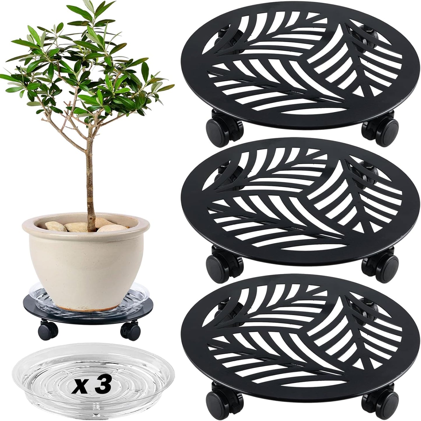 3 Packs Large Metal Plant Caddy with PU Wheels 13.6" Heavy-duty Wrought Iron Rolling Plant Stands Indoor Outdoor Wheeled Plant Dolly Planter Mover Rollers Plant, Leaf Style