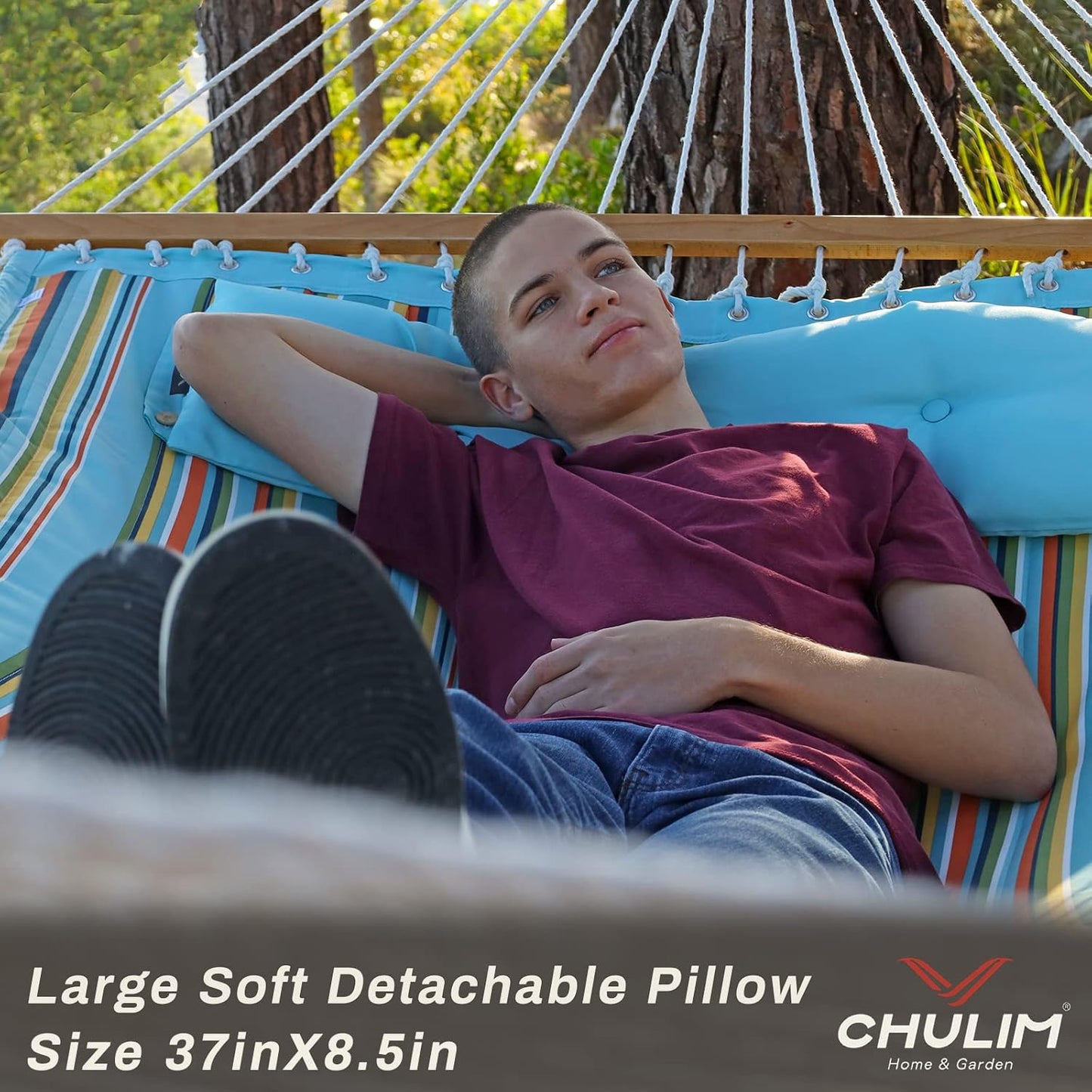 12 FT Double Quilted Fabric Hammock with Spreader Bars and Pillow 450 LBS Weight Capacity 2 Person Hammock for Outdoor Patio Backyard Poolside