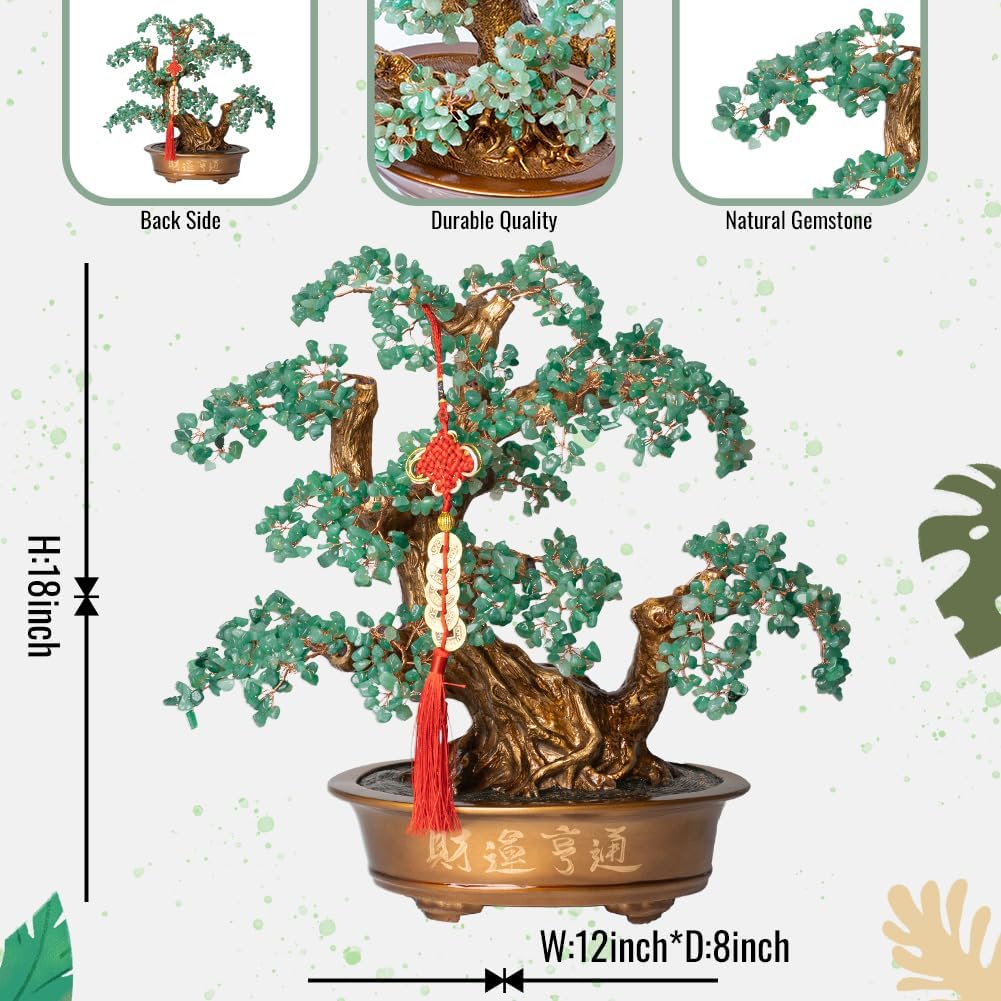 Green Aventurine Gemstone Crystal Bonsai Tree of Life（1,350 Gemstone Count） Large Feng Shui Money Chakra Tree for Luck and Wealth Desk Decoration 20 Inches