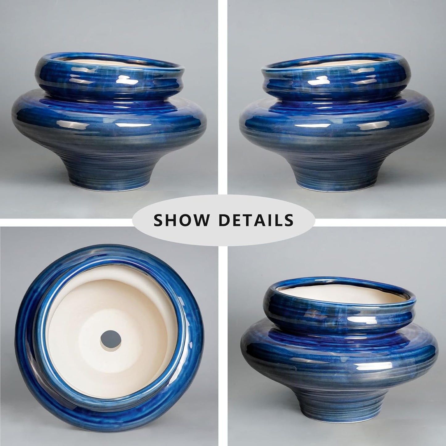 Ceramic Pots for Plants - 11 Inch Ceramic Planter for Indoor Outdoor, Unique Planters with Drainage Hole, Decorative Flower Pot, House Office Garden Decor, Plants Lover Gifts, Blue