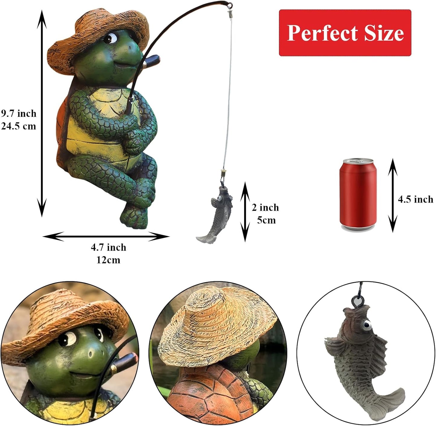 Turtle Decoration for Yard Outdoor Garden Decor 9.7 Inch Tall Fishing Turtle Statue for Koi Pond, Waterfalls or Poolside Ornaments, Fisher Animals Pond Decor, Gift for Mom & Women