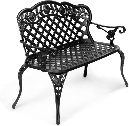 VINGLI 42.5" Outdoor Bench, Antique Cast Aluminum Front Porch Bench Metal Garden Benches Cast Iron Benches 2-3 People Seating (Black)