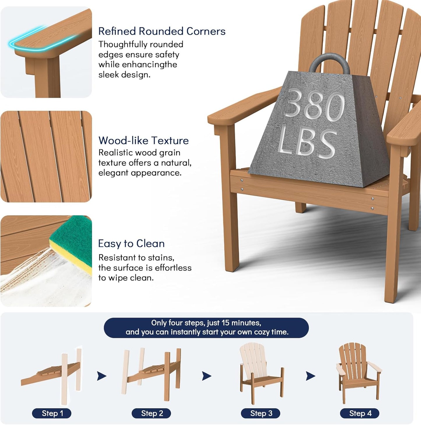 Stackable Adirondack Chair Set of 2, HDPE Outdoor Patio Chair - Durable and Space Saving, Suitable for Porches, Lawns or Garden, Teak