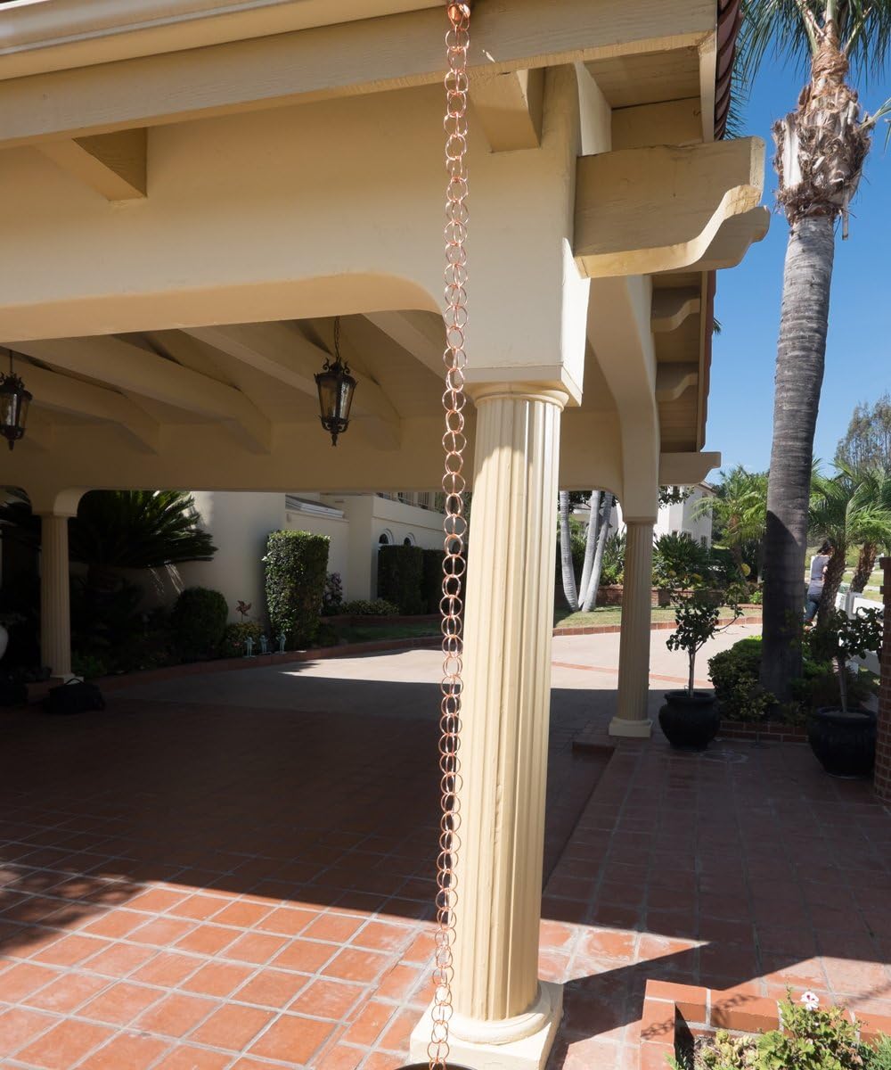 Monarch Rain Chains Pure Copper Ring Rain Chain, 8.5 ft Decorative Rain Catcher Chain for Gutters, Rain Chains for Outside, Rain Gutter Replacement Downspout