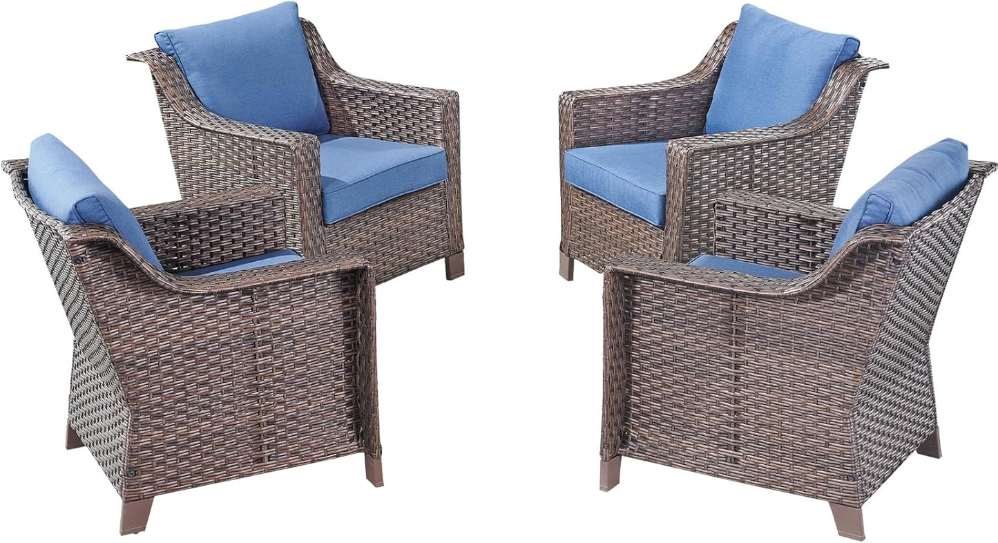 Outdoor Wicker Patio Chairs Set of 4 - Heavy Duty Outside Rattan Lawn Chair for Front Porch Balcony Backyard Yard Deck Poolside Apartment – Brown/Blue