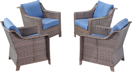 Outdoor Wicker Patio Chairs Set of 4 - Heavy Duty Outside Rattan Lawn Chair for Front Porch Balcony Backyard Yard Deck Poolside Apartment – Brown/Blue