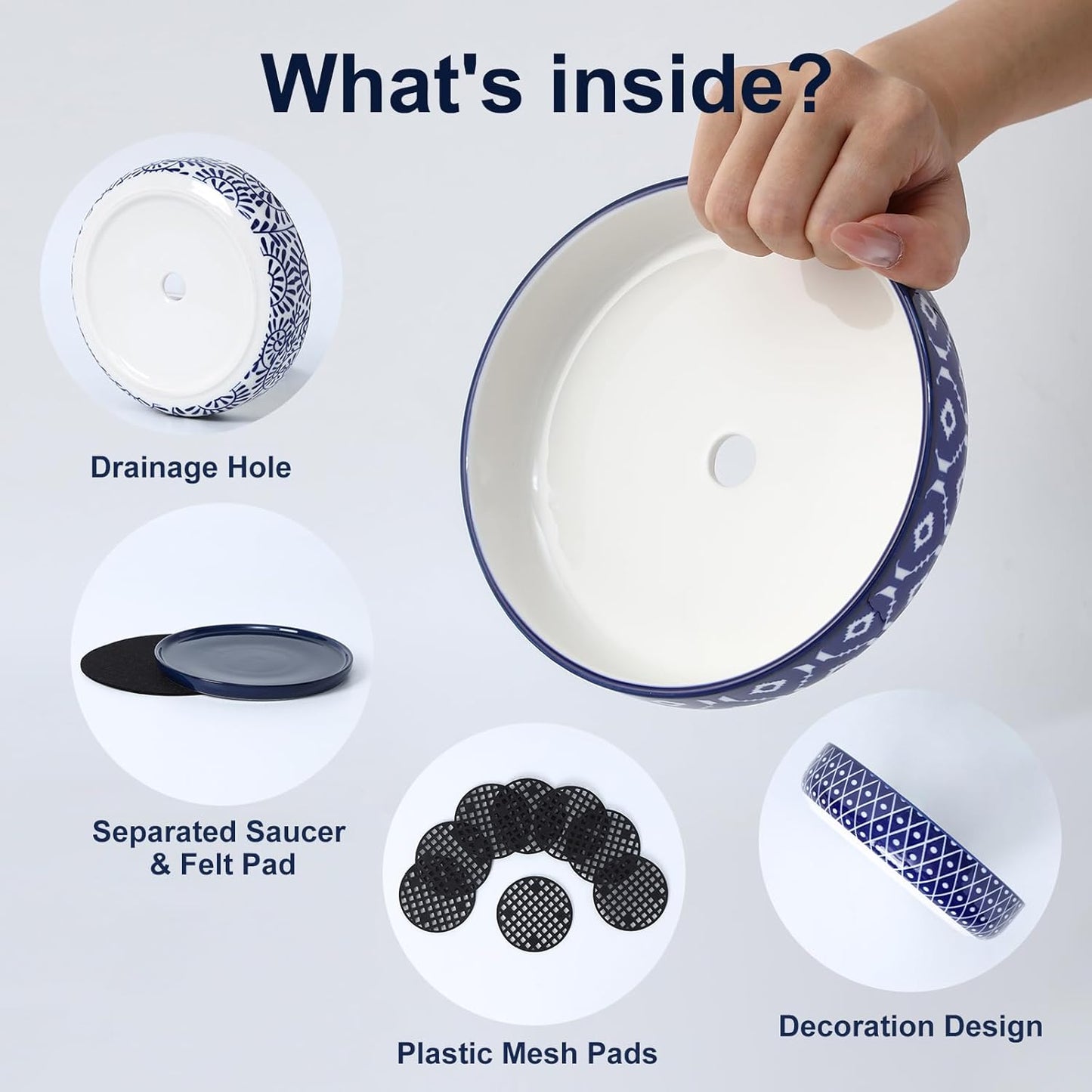 Selamica Ceramic Succulent Pots, 6 Inch Shallow Succulent Planters with Drainage Hole & Saucer, Indoor Plant Pots for Cactus, Herb, Home Decor, Set of 4, Vintage Blue