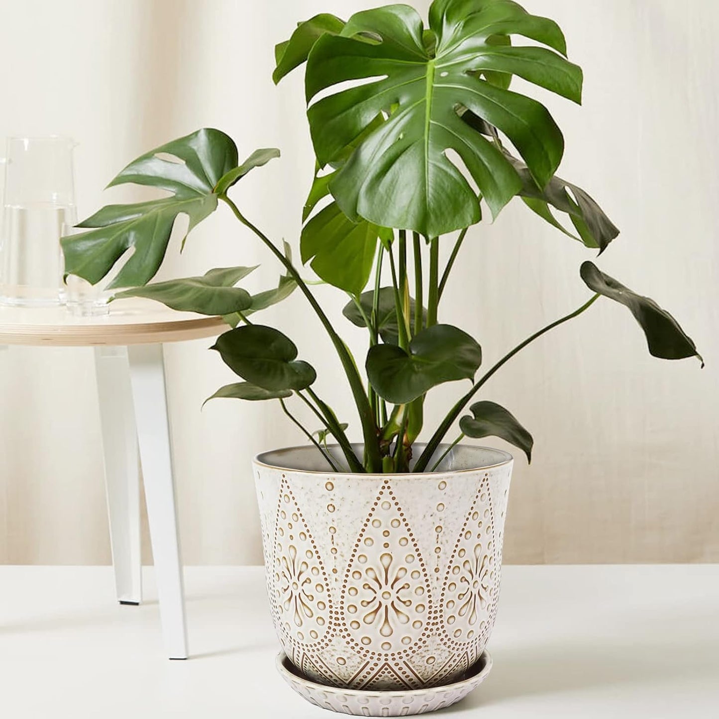 Gepege 8 Inch Plant Pot, Creamy White Ceramic Planter with Drainage Holes and Saucers for Plants Indoor and Outdoor Flower Pot