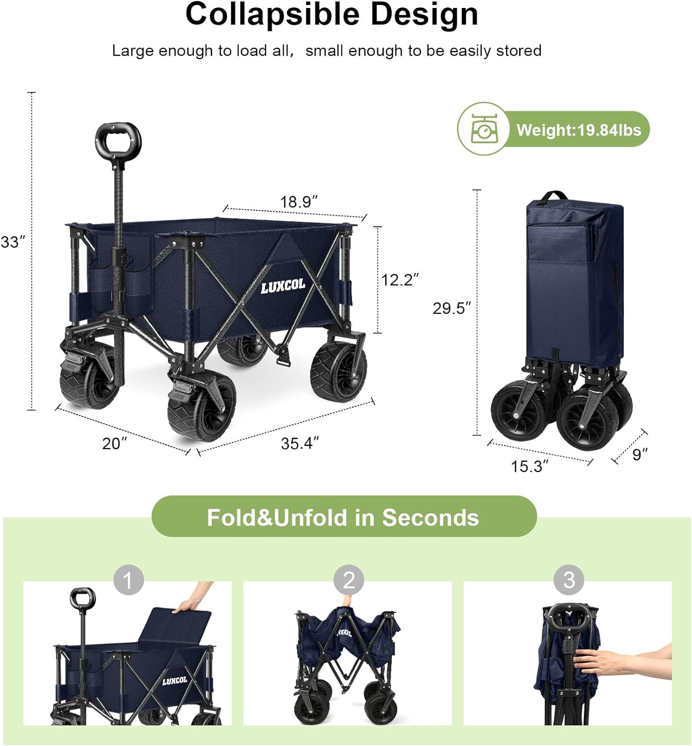 LUXCOL Collapsible Folding Wagon, Heavy Duty Utility Beach Wagon Cart for Sand with Big Wheels, Adjustable Handle&Drink Holders for Shopping, Camping,Garden and Outdoor Dark Blue