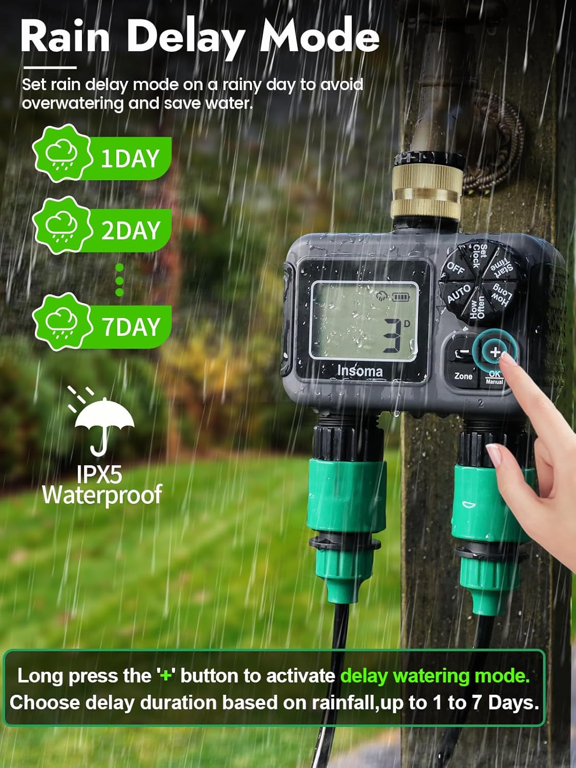 Insoma 2-Zone Hose Timer - Brass Inlet Dual Outlet Sprinkler Timer with Rain Delay/Manual/Auto Modes, 2-Outlet Water Timers for Garden/Greenhouse/Flower Irrigation, Durable Faucet Timers for Lawn Care