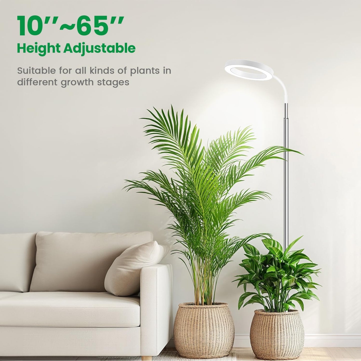 Garpsen Halo Grow Light, Full Spectrum Plant Light with Gooseneck, 3 Colors Modes and 5 Dimmable Levels, 6/12/16H Timer, 65'' Height Adjustable Grow Lamp for Large Plants(3Pack)-White