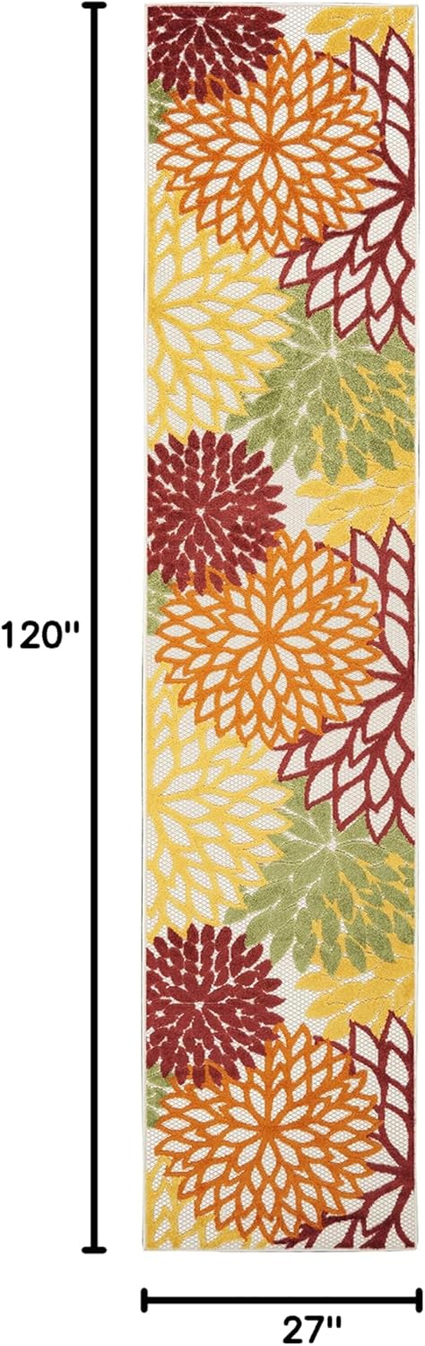 Nourison Aloha Indoor/Outdoor Red Multi Colored 2'3" x 10' Area Rug, Tropical, Botanical, Easy Cleaning, Non Shedding, Bed Room, Living Room, Dining Room, Deck, Backyard, Patio (2x10)