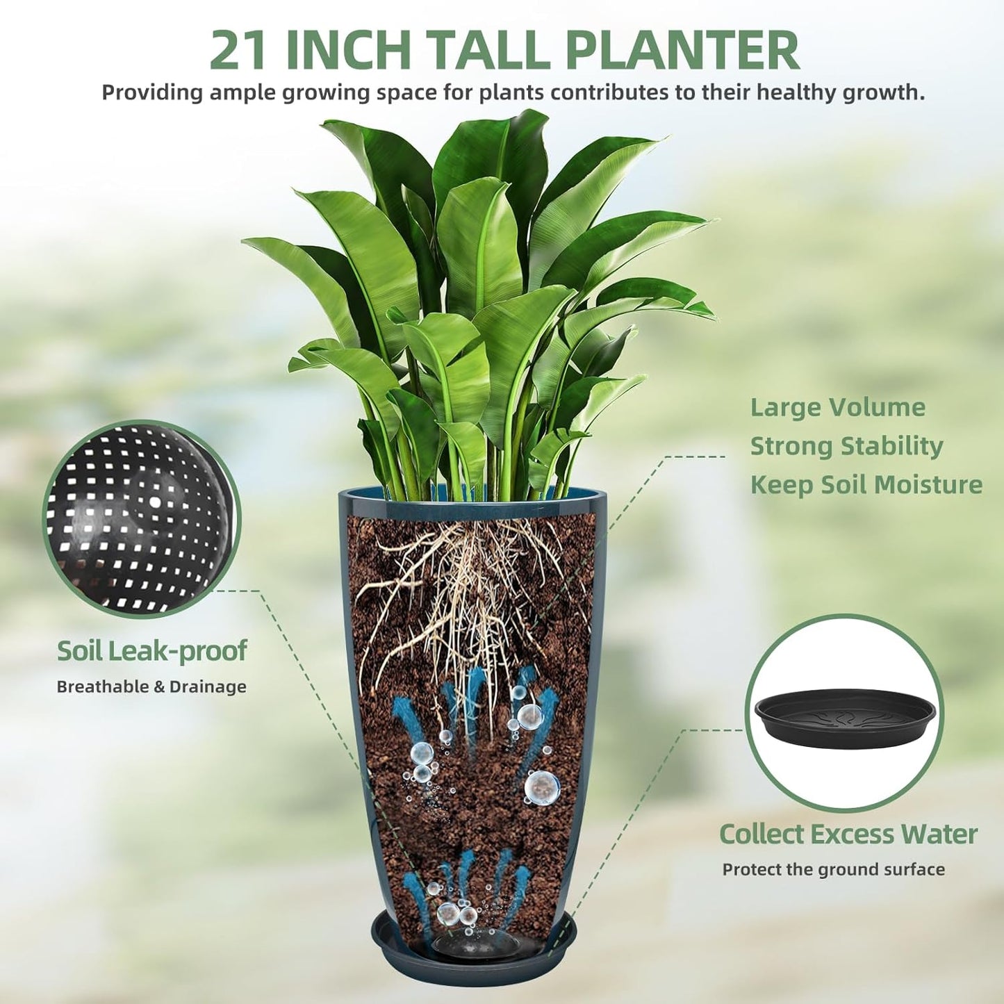 21 inch Tall Planter, Indoor Outdoor Planter Set of 2 Tall Outdoor Planters for Porch Large Planter Pot with Drainage Hole for Home Garden Front Door (Blue)