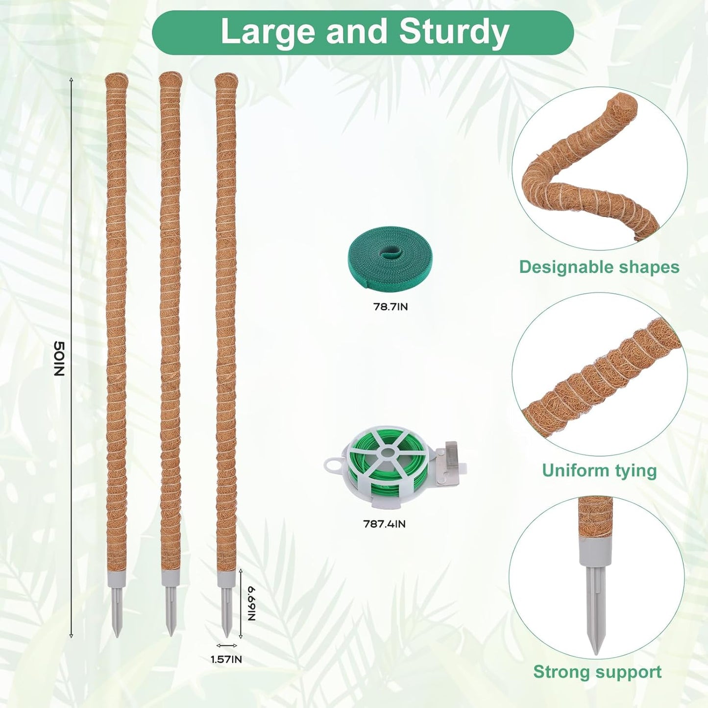 3 Pack Moss Pole, 50 Inch Monstera Plant Support, Tall Moss Poles for Climbing Plants Indoor DIY, Coco Coir Plant Pole Moss Plant Stick Support Stake Kit for Potted Plants, Pothos, Philodendron