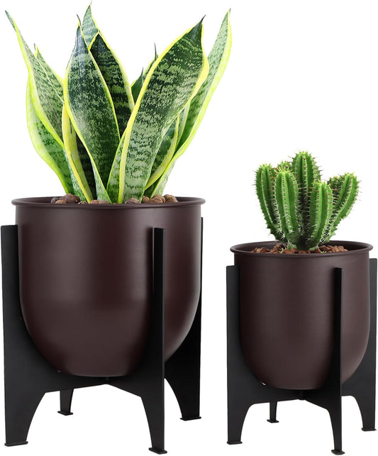 TRIROCKS Set of 2 Planters with Stand Indoor Outdoor Metal Plant Stand 11 &8.5" H Modern Planters Flower Pots for Living Room Corner Kitchen Office Garden Balcony Patio Decor