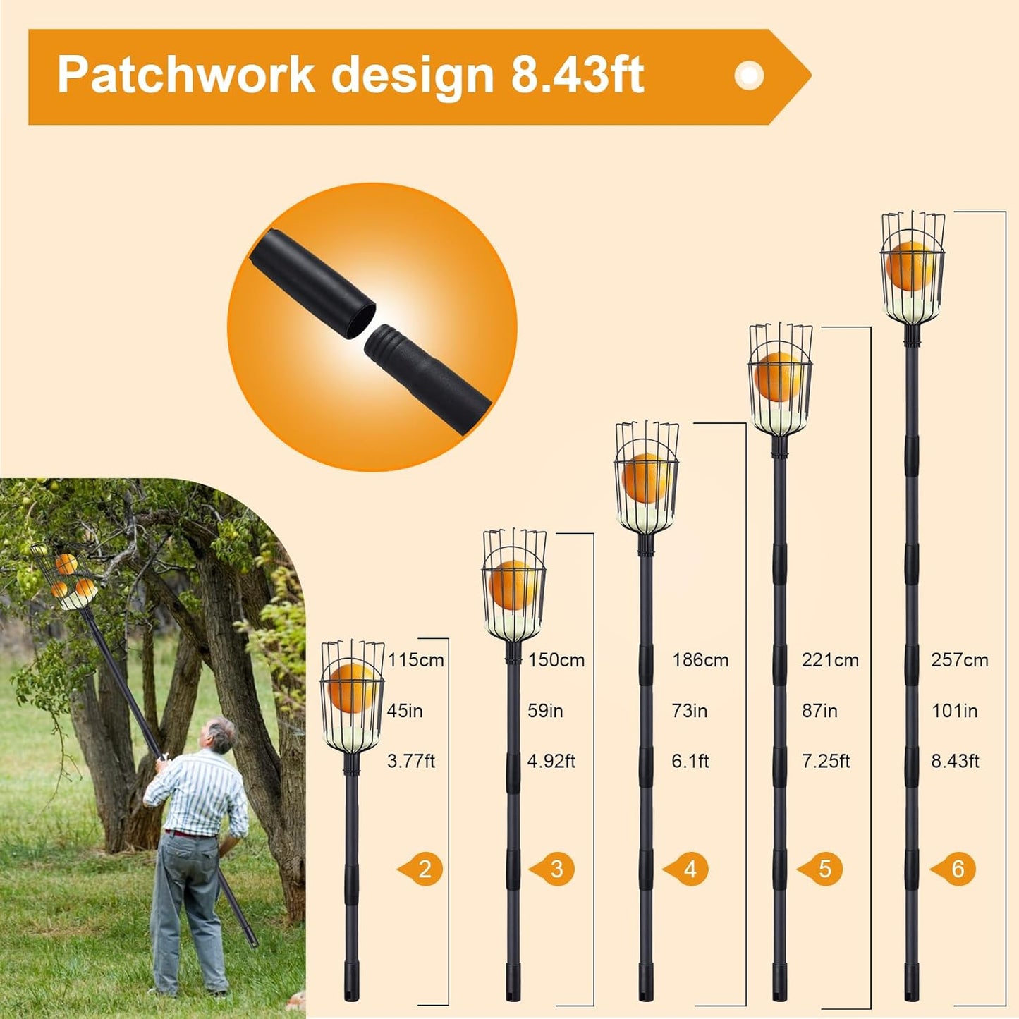 Fruit Picker Pole with Basket, 8.43FT (101 Inch) Adjustable Fruits Picker Tool with Stainless Steel Handle Fruit Grabber Reach Tool for Apple Mango Pear Avocados Fruit Picking, Black