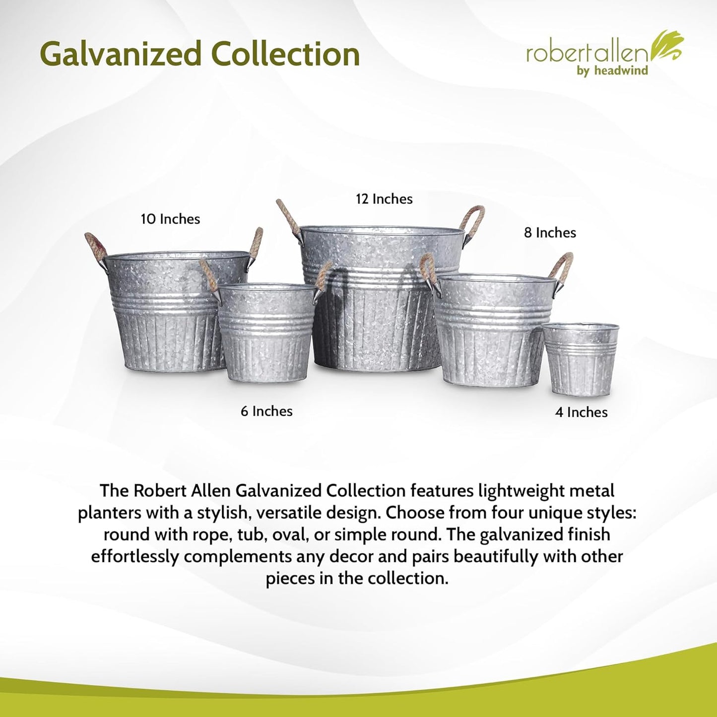 Headwind Round Galvanized Bucket w/Rope Handles – 12 Inch Metal Tub Bucket Planter for Outdoor Plants with Drainage Hole – Galvanized Large Outdoor Planters Buckets by Robert Allen