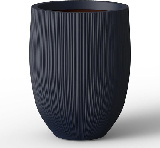 Kante Round Fluted Concrete Planter, 16.9-Inch Dia Barrel-Style Pot with Drainage Hole, Charcoal Finish with Warm Brown Interior, 13.7" Opening, for Indoor and Outdoor Use