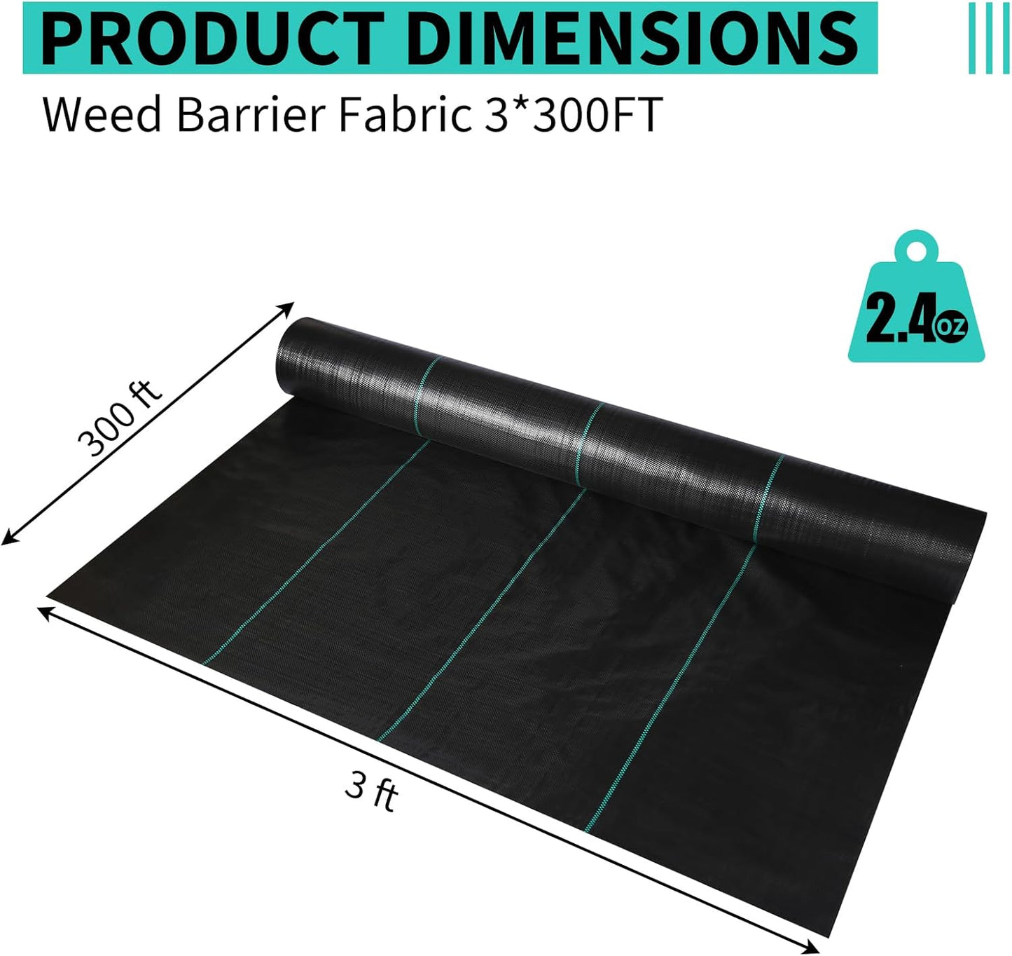 3 x 300 FT Weed Barrier Fabric,2.4 OZ Landscape Fabric,Heavy Duty PP Ground Cover for Gardening,Farming