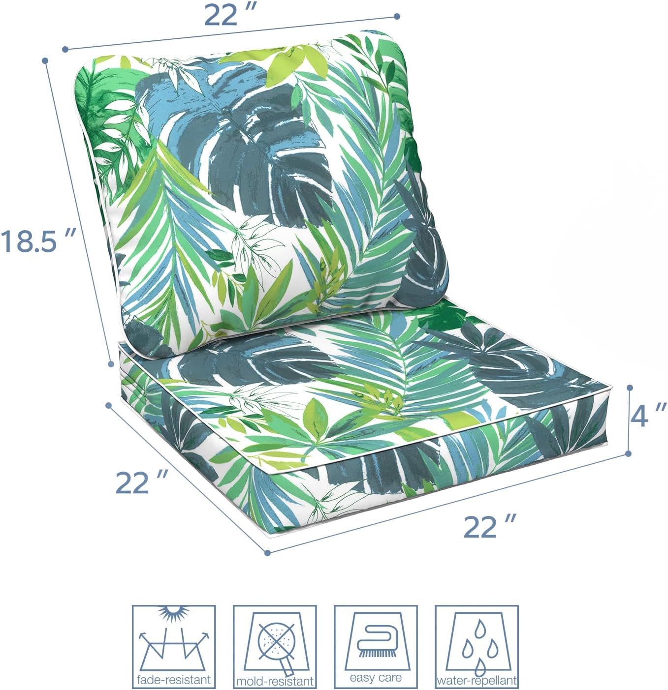 LVTXIII Outdoor Deep Seat Cushion Patio Seat and Back Cushion Set Seasonal Chair Cushion for Dining Arm Chairs, Wicker Chairs and Garden Furniture Decoration, 22"x22"x4", Islamorada Blue Green