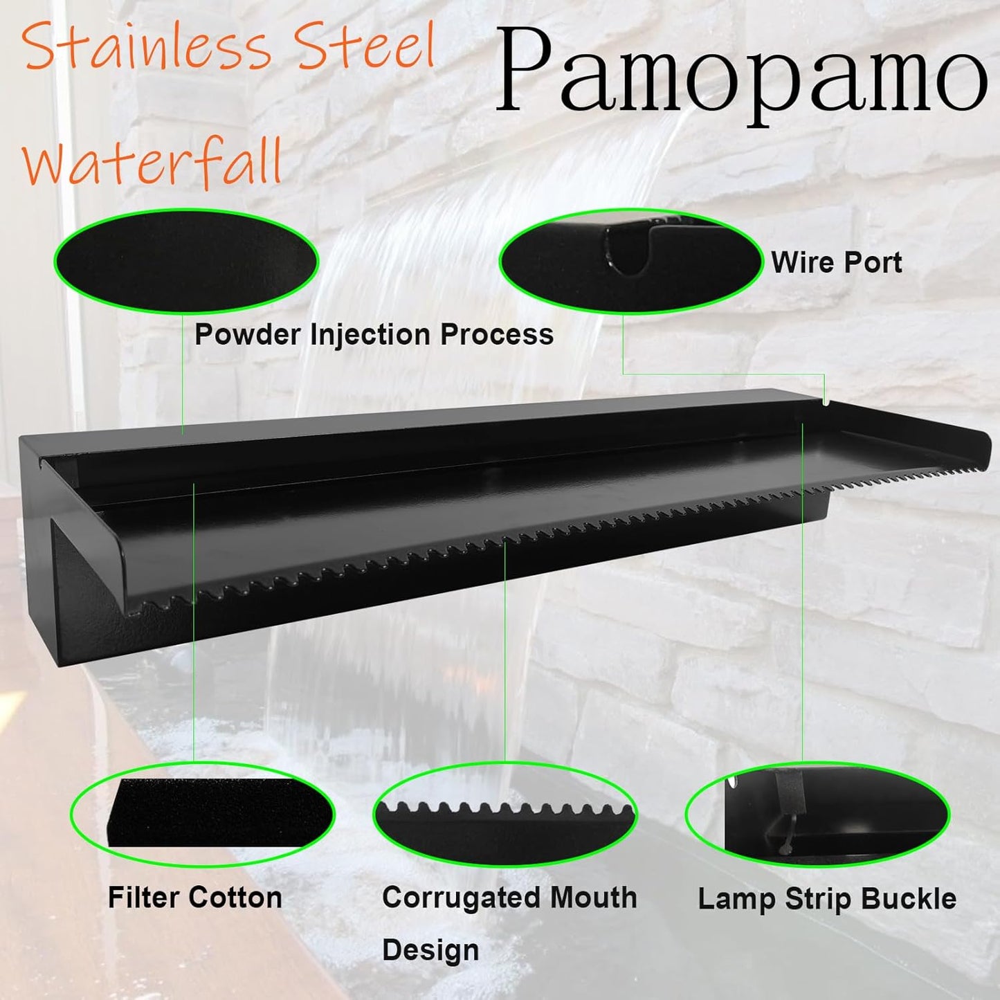 Pond Waterfall Spillway Pool Fountain Water Feature, Black Stainless Steel Outdoor Fountains, Swimming Pool Water Flow Waterfalls Kit for Garden Patio Ponds-35.4"x7.8"x3.9"(NO Light)