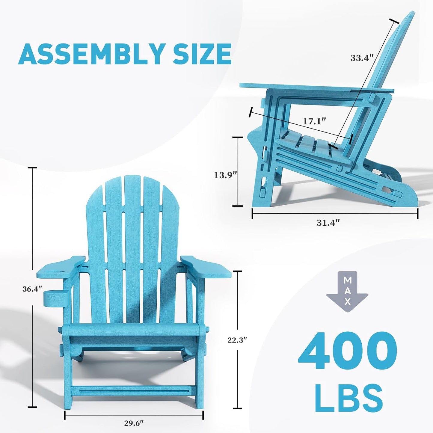 Adirondack Chair, Tool-Free Assembly All-Weather Adirondack Chairs, HDPE Fire Pit Chairs with Cup Holder, Outdoor Chair for Patio Garden（Lake Blue）