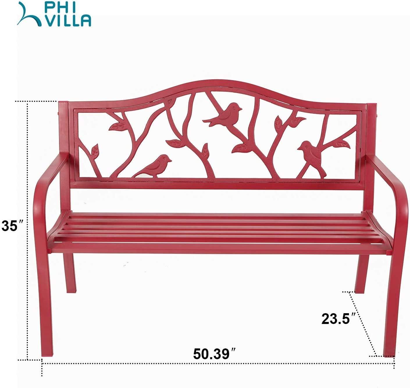 PHI VILLA Outdoor Patio 50" Metal Park Bench Red, Steel Frame Bench with Backrest and Armrests for Porch, Patio, Garden, Lawn, Balcony, Red Bird