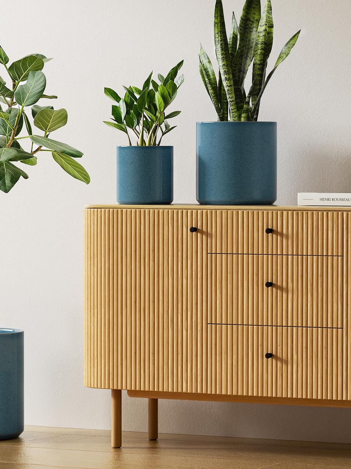 LE TAUCI Ceramic Plant Pots Indoor, 10+8+6 Inch Planters for Indoor Plants, Mid-Century Modern Flower Pots with Drainage Hole and Plug, Cylinder Round Planters, Set of 3, Reactive Glaze Blue