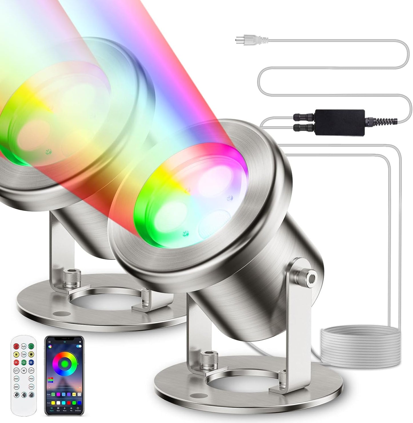 LED Pond Lights, 12W RGB SS316 Stainless Steel Dimmable Underwater Pond Light, 2x6W IP68 Waterproof Submersible Fountain Lights APP Control, 12V Outdoor Waterproof Light Transformer Timer, 26ft Cord