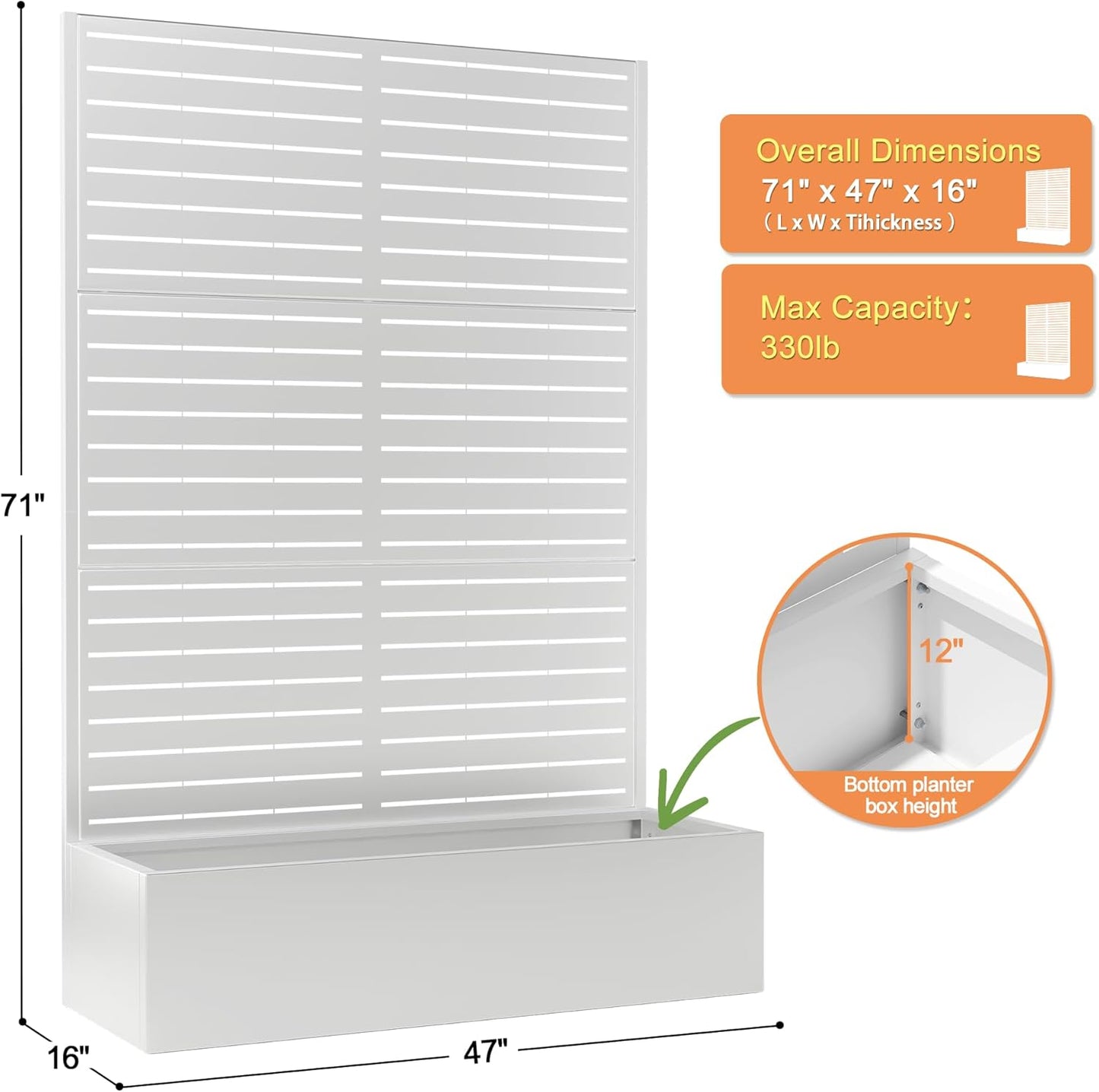 71"x47"x16" Metal Planter Box with Trellis Raised Garden Bed with Trellis, Trellis with Planter Box & Privacy Screen, Metal Planter Box for Climbing Plants, Vegetable, Vines(White, Louvered)