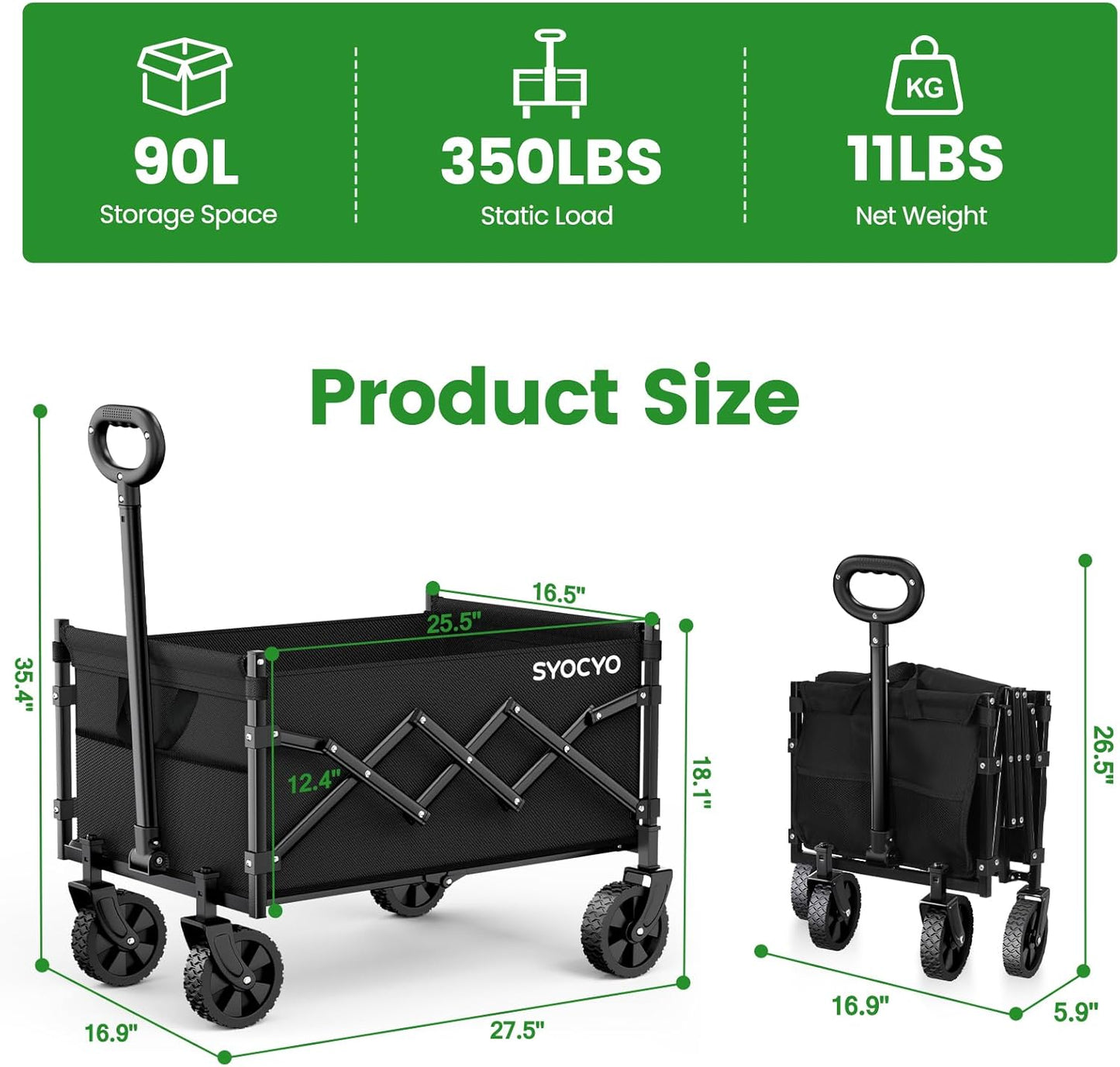 Collapsible Wagon with Wheels 350LBS, Beach Foldable Wagon Cart Lightweight Portable, Folding Utility Wagon Grocery Cart for Shopping Camping Sports Beach Garden Carbon Black