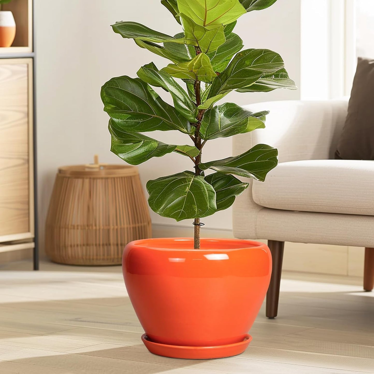 Ceramic Pot for Plants - 10 Inch Plant Pot with Drainage Hole and Saucer, Modern Round Glaze Planter for Indoor Outdoor Plants, Plant Lover Gifts, Home Garden Office Decor, Orange