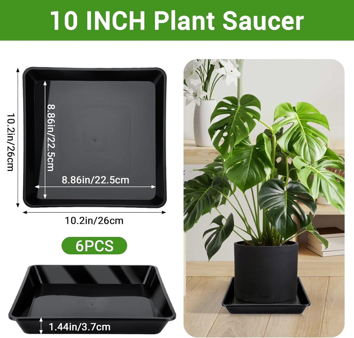 GREANER 6 Packs Square Plant Saucer, Plant Water Dray Tray, Durable Thick Plant Pot Dish for Flower Pot, Plastic Plant Tray to Catch Water for Indoor Outdoor(10 Inch, Black)