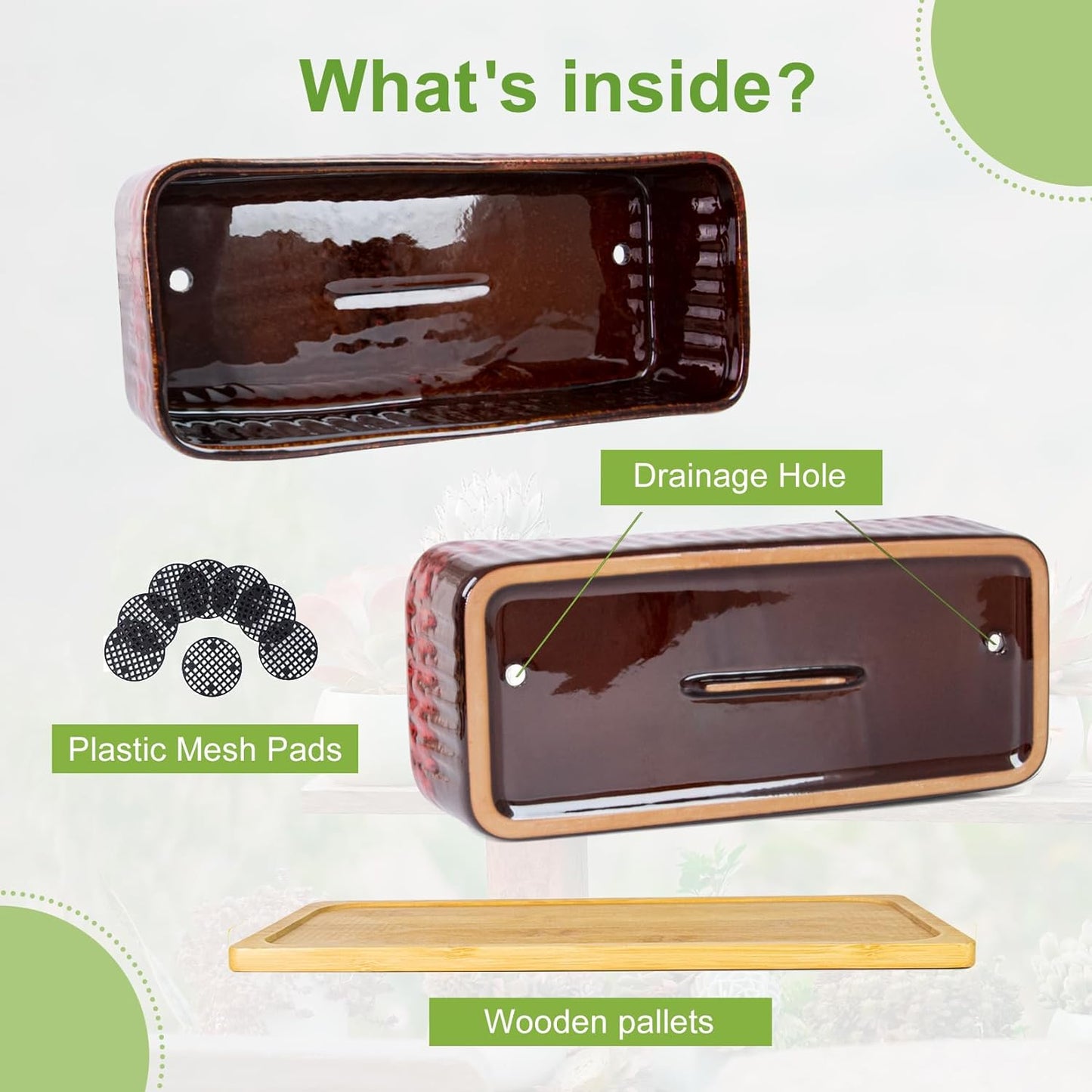 Succulent Pots - 12 Inch Large Succulent Planters with Drainage Tray, Window Sill Planter, Long Rectangle Ceramic Pots for Indoor Cactus Plants Shallow Bonsai Window Box for Home Garden Decor