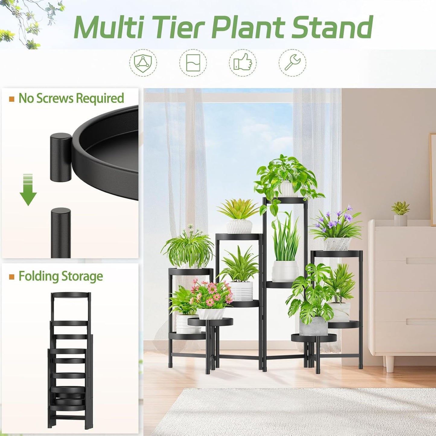 iDavosic.ly Plant Stand Indoor Outdoor, 10 Tier Corner Metal Flower Display Holder Shelf, Folding Tall Orchid Rack for Patio Balcony Porch Garden Living Room House, Black