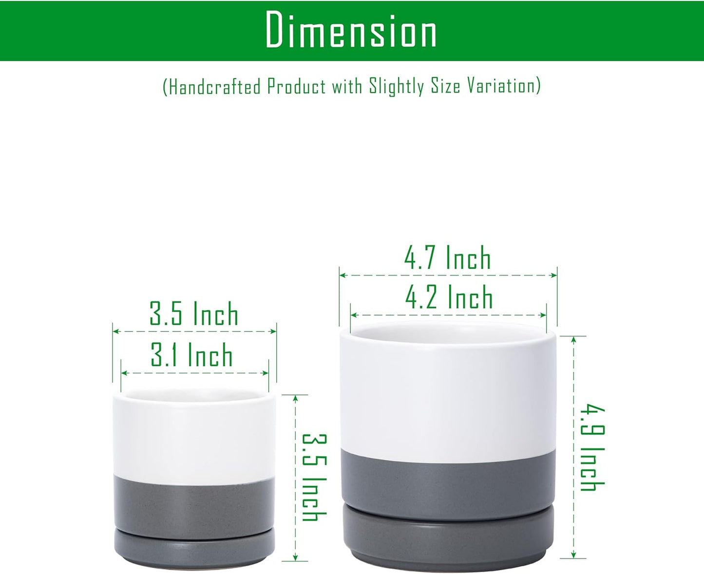D'vine Dev 3.5 Inch & 4.7 Inch Ceramic Planter Pots for Plants with Drainage Hole and Saucer, X-Small Plant Pots Set, White/Speckled Grey, 94-G-XS-6