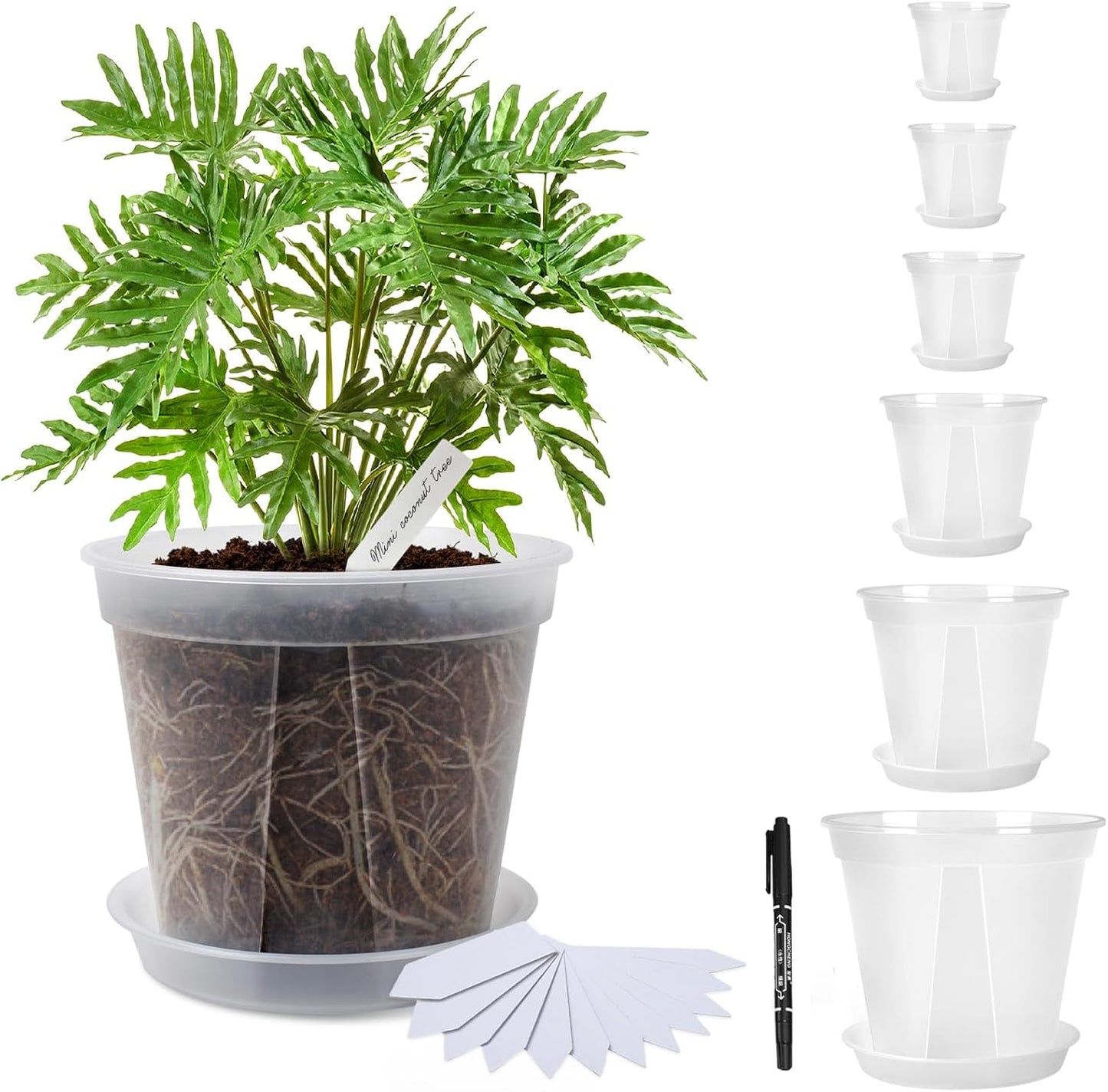 Transparent Plants Nursery Pots with Tray 4/5/5.5/6/7/8 Inch Sturdy Material Plastic Planter with Drainage Hole, Plant Pots for Garden, Houseplant with 12pcs Plant Labels, a Maker Pen, 6 Sets