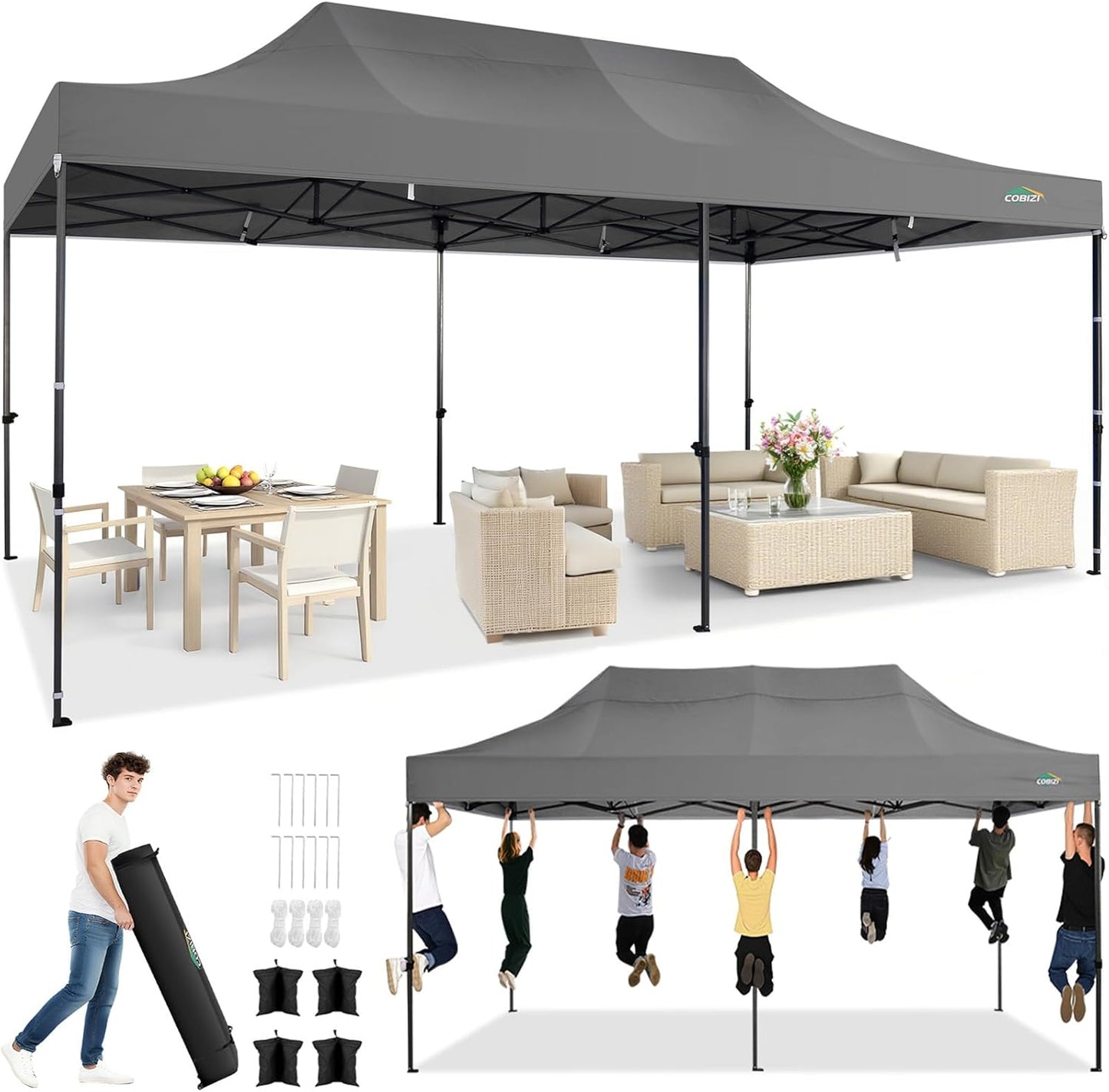 COBIZI 10x20 Pop up Canopy Tent Heavy Duty Without Sidewalls, Easy Set-up Commercial Outdoor Party Tent, 100% Waterproof Wedding Gazebo, 3 Height Adjustable with Wheeled Bag, Gray