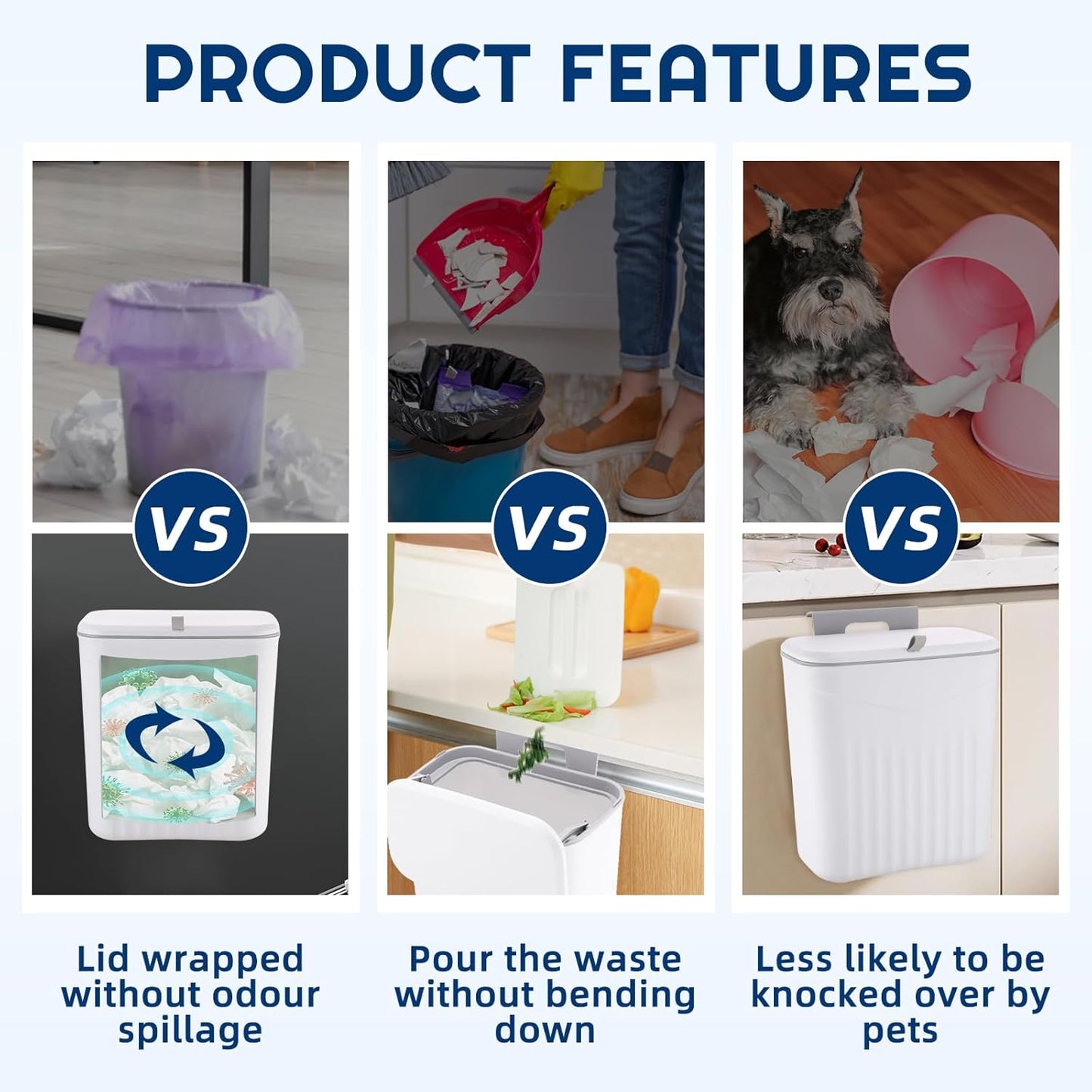 3 Pack Hanging Trash Can with Lid, Kitchen Compost Bin for Counter Top or Under Sink, Waste Basket Wall Mounted Garbage Can for Cupboard/Bathroom/Bedroom/Office/Camping (White)