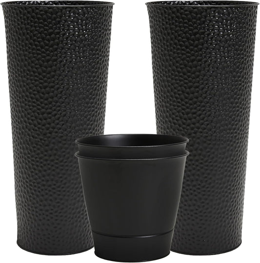 Worth Garden 2-Pack 28" H. Metal Planter with 2X Inside Pots - Hand-Hammered Texture Tall Narrow Tapered Plant Pots - Large Handcrafted Flower Pot for Indoor Outdoor, Deck, Patio, Front Porch (Black)