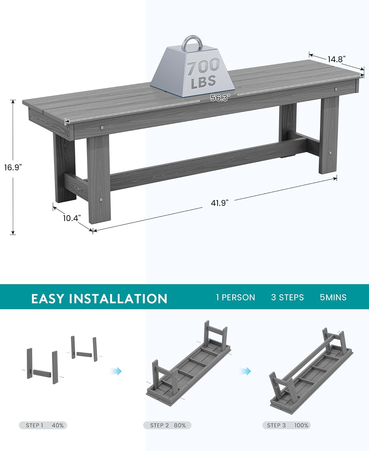 SERWALL Patio Dining Table and Bench Set for 6, Gray