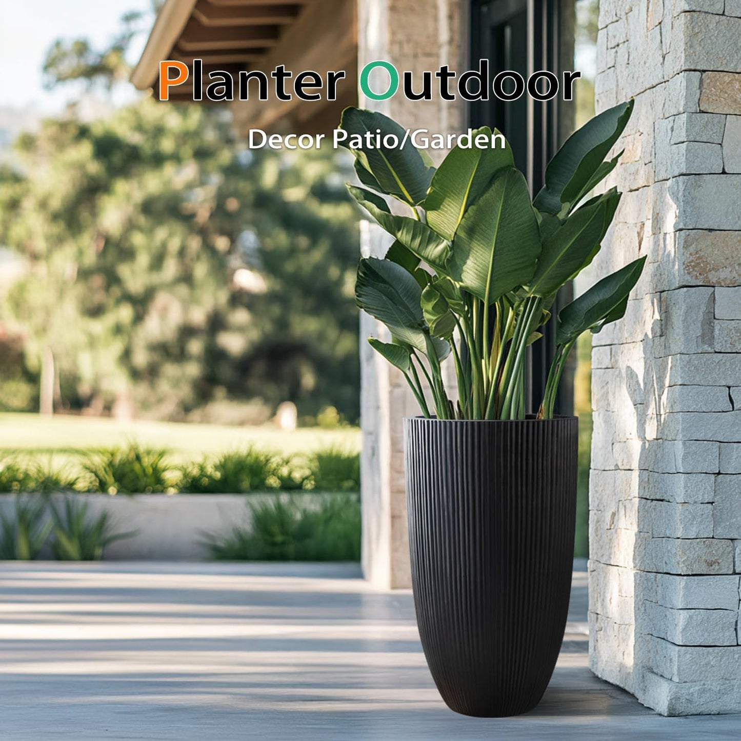 Tall Planters for Outdoor Plants, Large Concrete Flower Pots for Garden Front Porch, Patio, Indoor (Vertical Black, 24 inch)