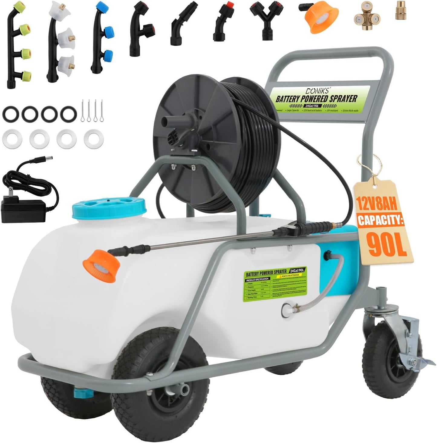 24 Gallon Battery Powered Sprayer with Wheeled Cart,0-90PSI,5-6h Spray Time,164FT Hose with Reel,Adjustable HD Wand and 10 Nozzles, Rotating Wheels with Brake for Lawn & Garden Spraying,Cleaning